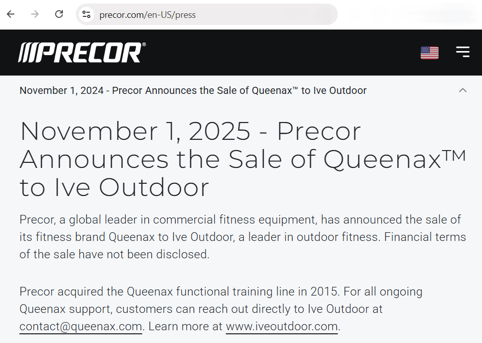 Precor Announces the Sale of Queenax to Ive Outdoor
